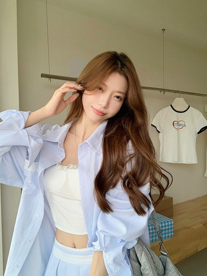 College style suit for women, loose sun protection striped shirt, summer A-line skirt, pleated skirt, Korean style two-piece trendy set