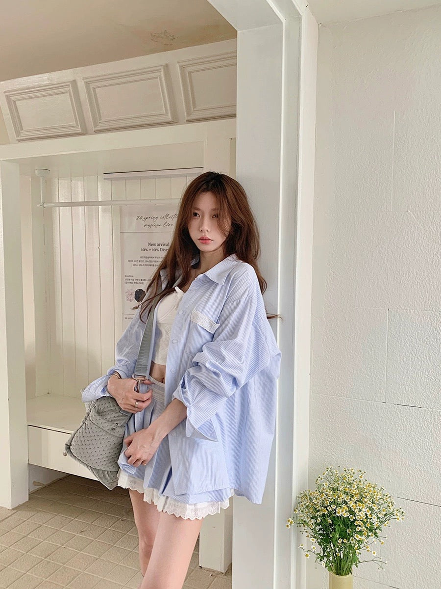 College style suit for women, loose sun protection striped shirt, summer A-line skirt, pleated skirt, Korean style two-piece trendy set