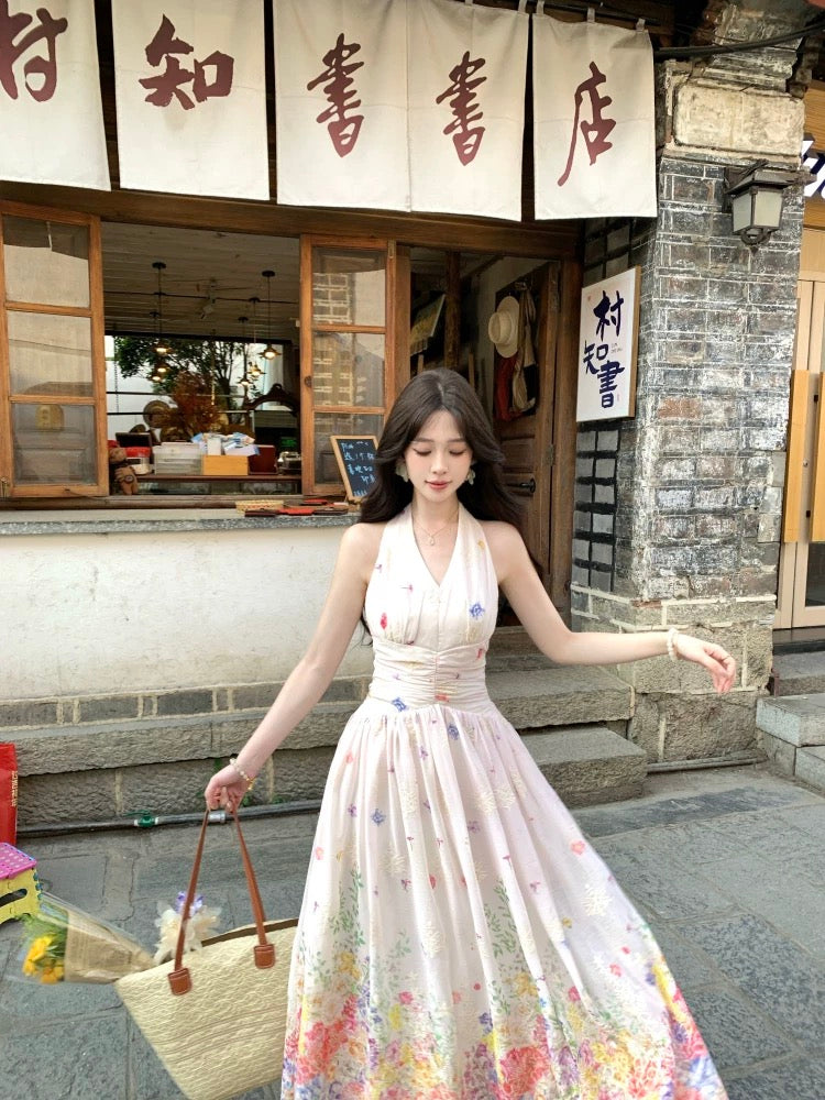 Baili Fengmian Huayu French temperament design positioning flower long skirt long halter neck print dress summer