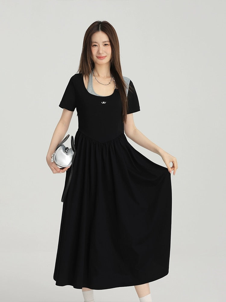 Aiqiangwei large size summer dress for fat mm, slim and beautiful halter neck dress, niche female short-sleeved black long dress