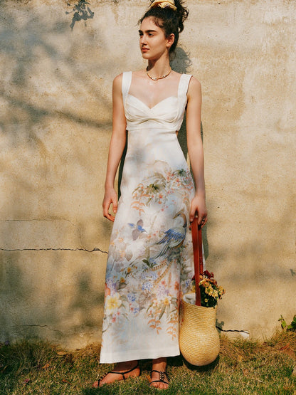 【Born to Be the Star】100% Linen Resort Style Backless Floral and Bird Print Elegant French-Style Sundress