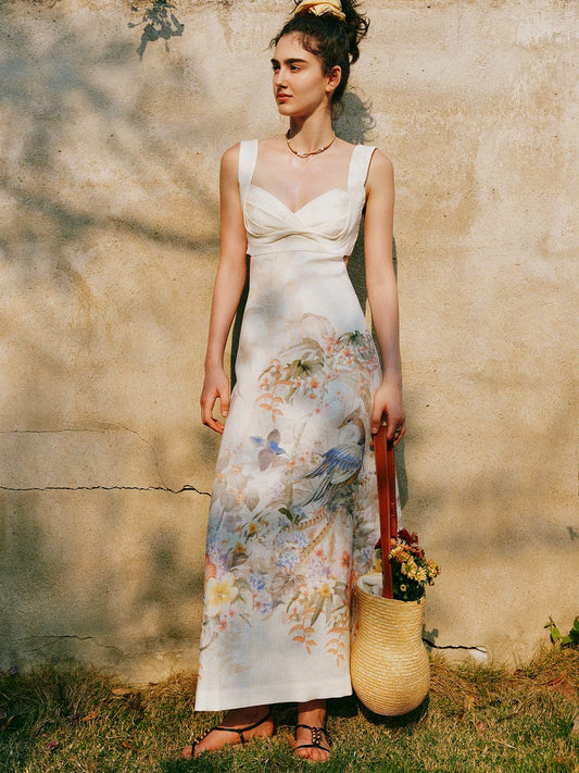 【Born to Be the Star】100% Linen Resort Style Backless Floral and Bird Print Elegant French-Style Sundress