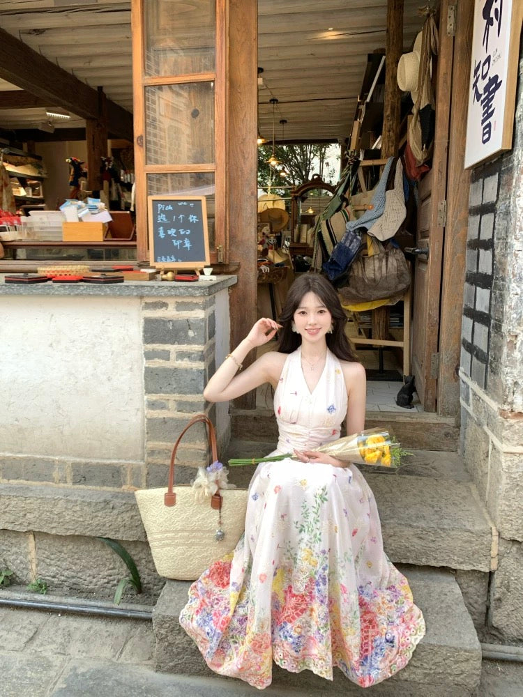 Baili Fengmian Huayu French temperament design positioning flower long skirt long halter neck print dress summer