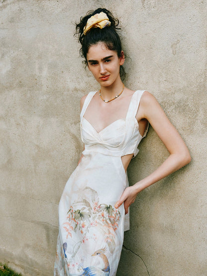 【Born to Be the Star】100% Linen Resort Style Backless Floral and Bird Print Elegant French-Style Sundress