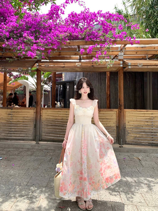 Baili Roselle Flower Language 2.0 French style design flower long skirt with small flying sleeves and waist dress