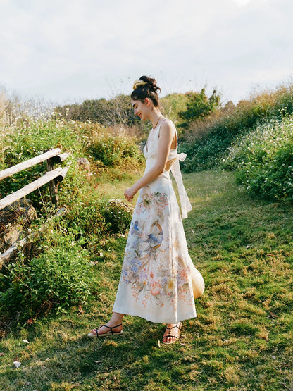 【Born to Be the Star】100% Linen Resort Style Backless Floral and Bird Print Elegant French-Style Sundress