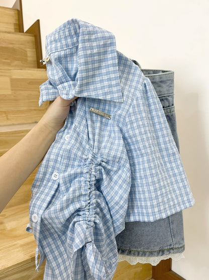 [Free Trial] Short drawstring design plaid short-sleeved shirt for women high-waisted denim shorts two-piece set