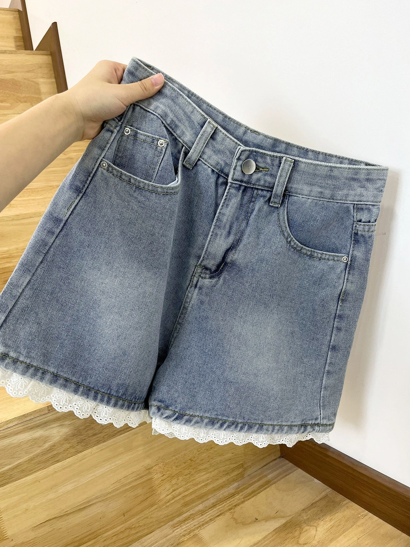 [Free Trial] Short drawstring design plaid short-sleeved shirt for women high-waisted denim shorts two-piece set