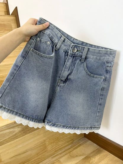 [Free Trial] Short drawstring design plaid short-sleeved shirt for women high-waisted denim shorts two-piece set