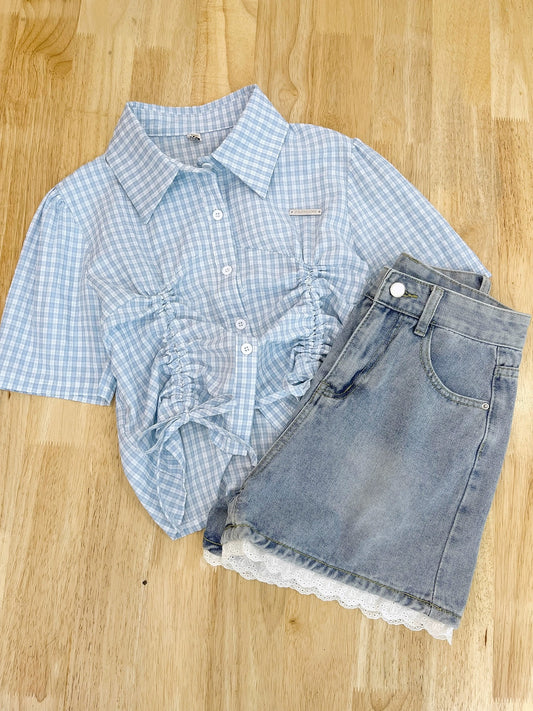 [Free Trial] Short drawstring design plaid short-sleeved shirt for women high-waisted denim shorts two-piece set
