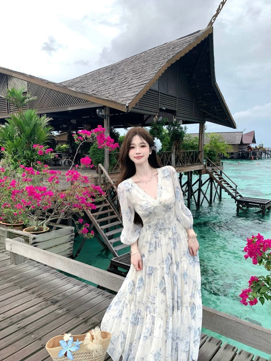 Baili Blue Feather Rose French retro temperament elegant floral skirt gentle wind print high waist dress summer