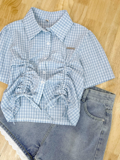 [Free Trial] Short drawstring design plaid short-sleeved shirt for women high-waisted denim shorts two-piece set