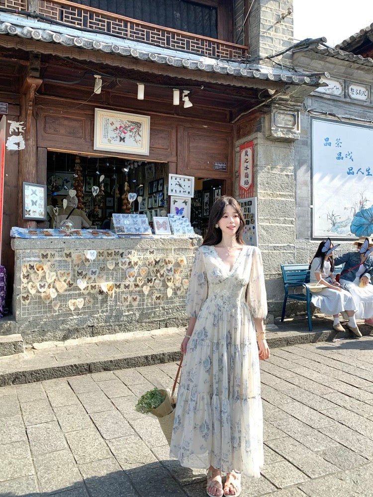 Baili Blue Feather Rose French retro temperament elegant floral skirt gentle wind print high waist dress summer