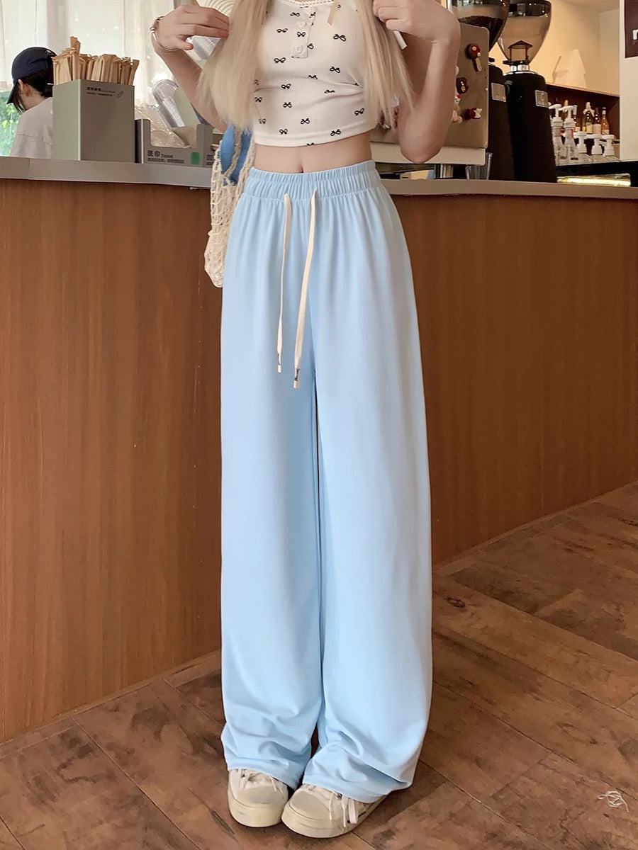 Drawstring drapey ice silk wide-leg pants for women 2024 new hot style small straight trousers floor mopping casual pants