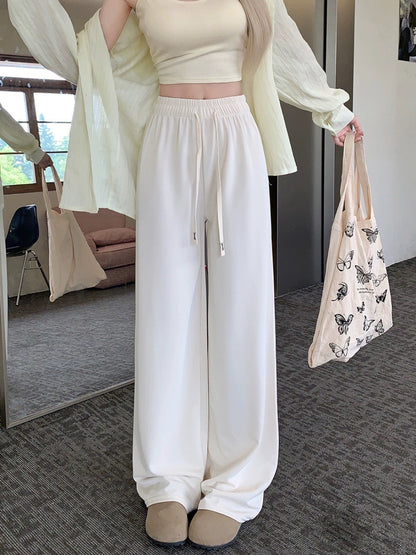 Drawstring drapey ice silk wide-leg pants for women 2024 new hot style small straight trousers floor mopping casual pants