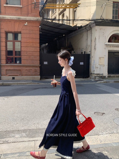 DH OFFICIAL Big Flower [Born to Be a Heroine] French Denim Dress Women's Summer and Korean Atmosphere Suspender Skirt