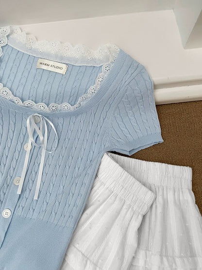[Free shipping insurance] Chic and beautiful spliced lace short-sleeved knit top women's pleated skirt sweet suit