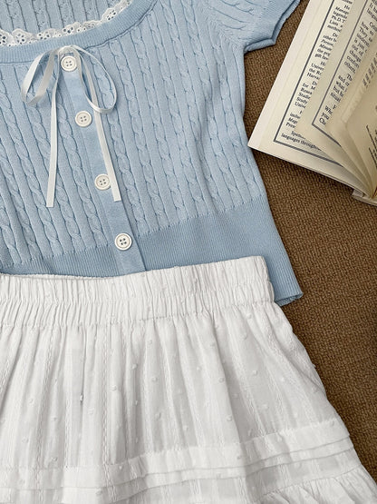 [Free shipping insurance] Chic and beautiful spliced lace short-sleeved knit top women's pleated skirt sweet suit