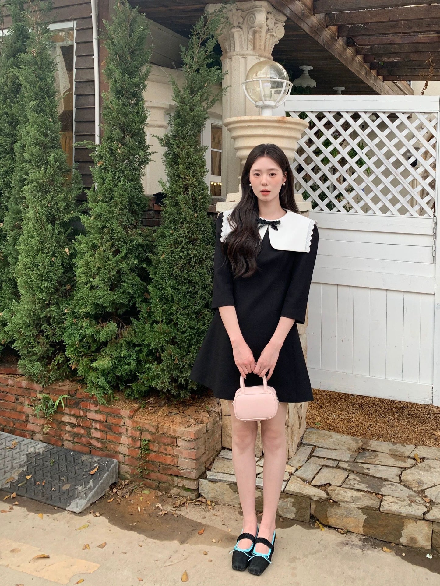 DH OFFICIAL Large Flower [Princess Diary] Navy Collar Dress Women's Spring Fashionable Style Slimming Korean