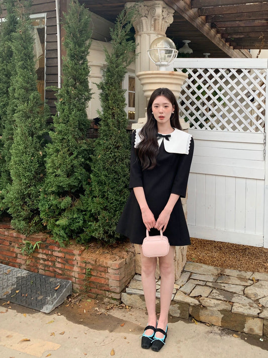 DH OFFICIAL Large Flower [Princess Diary] Navy Collar Dress Women's Spring Fashionable Style Slimming Korean