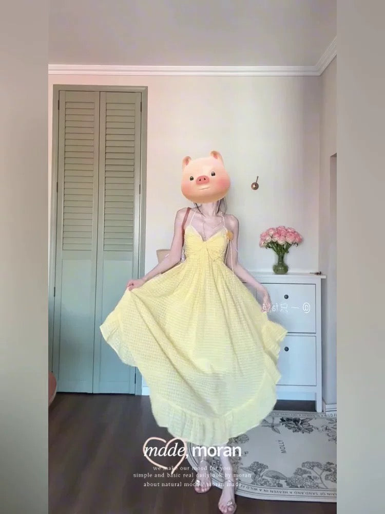 Stunning summer beach vacation sundress, irregular beach maxi dress, women's fitted waist design, unique yellow.