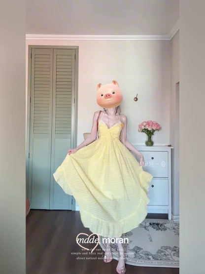 Stunning summer beach vacation sundress, irregular beach maxi dress, women's fitted waist design, unique yellow.