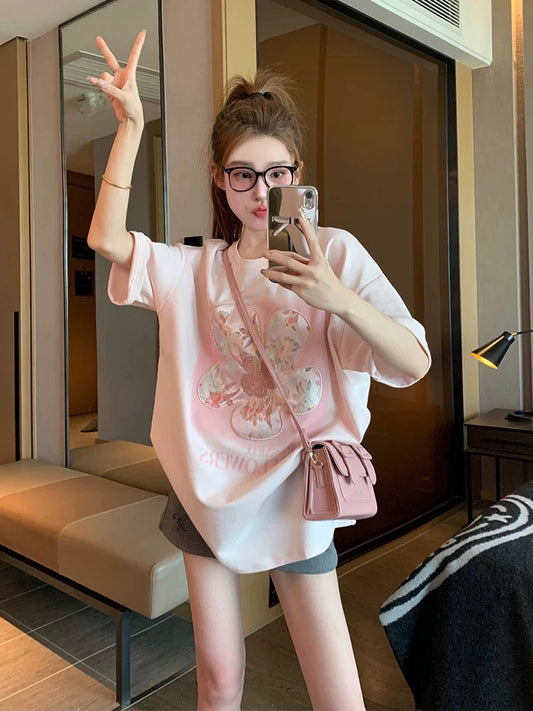 Pink Chinese style flower short-sleeved T-shirt female 2025 new summer design niche shoulder new Chinese style top ins