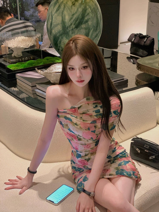 TLCJING2024 new spring floral skirt, temperament, high-end, sloping shoulders, hip, super good-looking dress for women