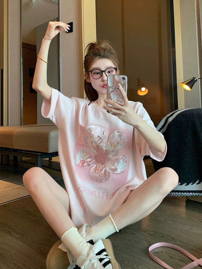 Pink Chinese style flower short-sleeved T-shirt female 2025 new summer design niche shoulder new Chinese style top ins