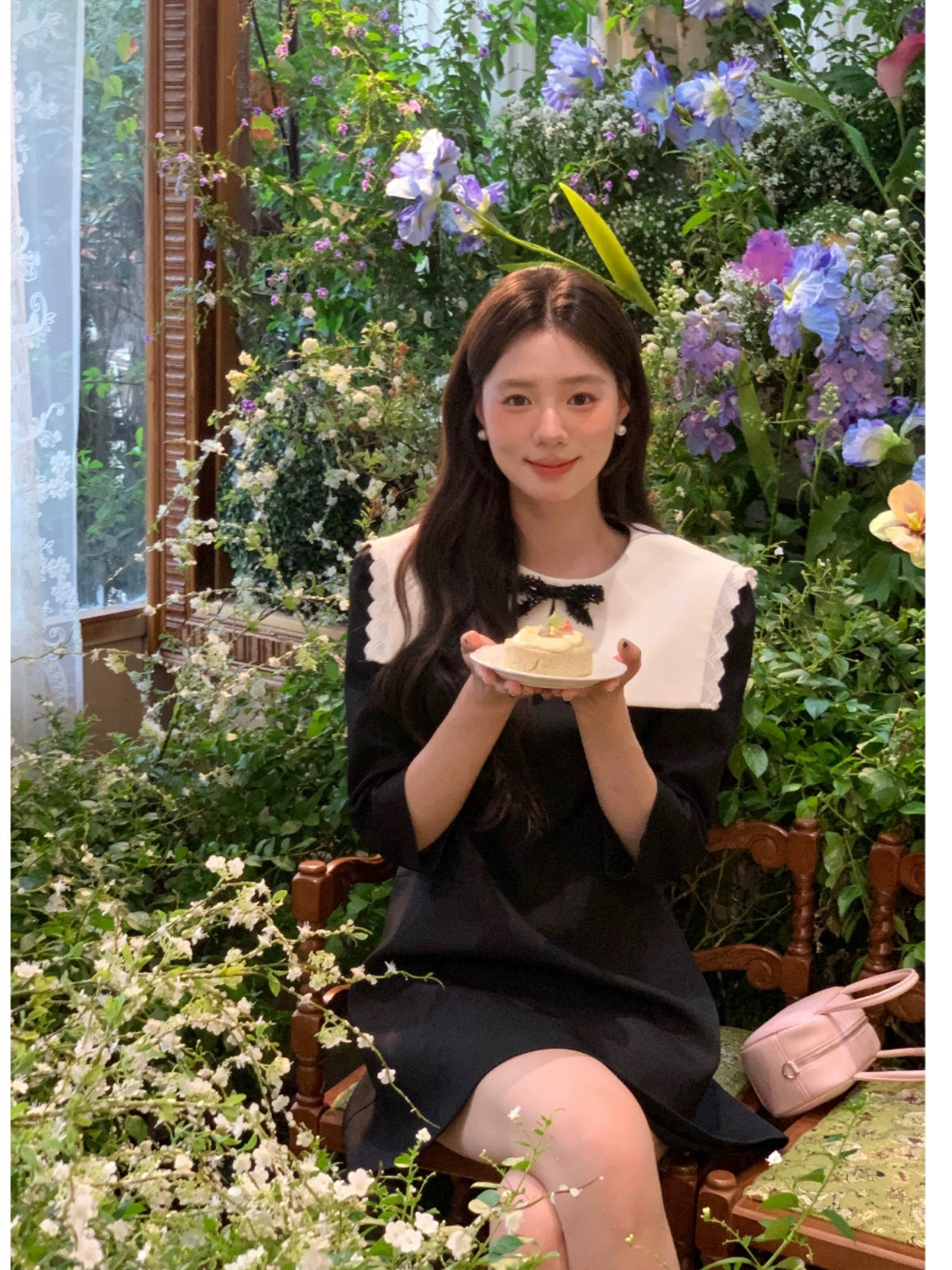 DH OFFICIAL Large Flower [Princess Diary] Navy Collar Dress Women's Spring Fashionable Style Slimming Korean