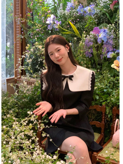 DH OFFICIAL Large Flower [Princess Diary] Navy Collar Dress Women's Spring Fashionable Style Slimming Korean