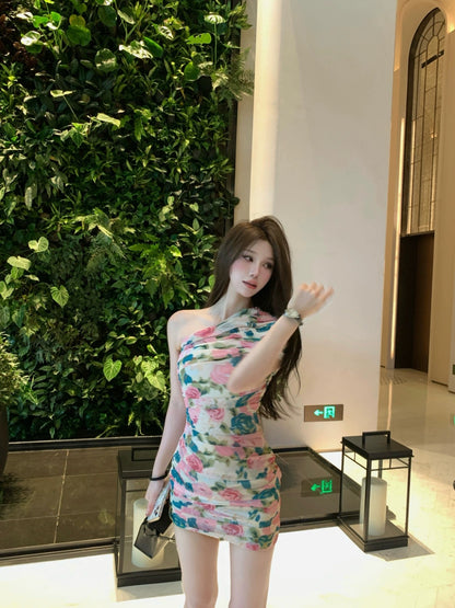 TLCJING2024 new spring floral skirt, temperament, high-end, sloping shoulders, hip, super good-looking dress for women