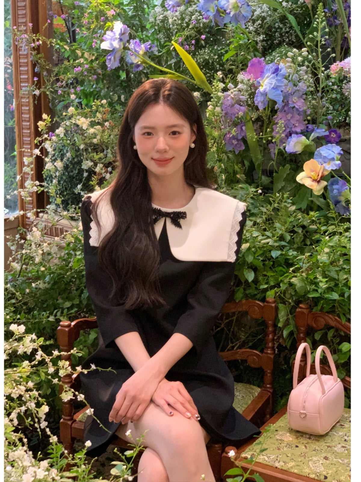 DH OFFICIAL Large Flower [Princess Diary] Navy Collar Dress Women's Spring Fashionable Style Slimming Korean