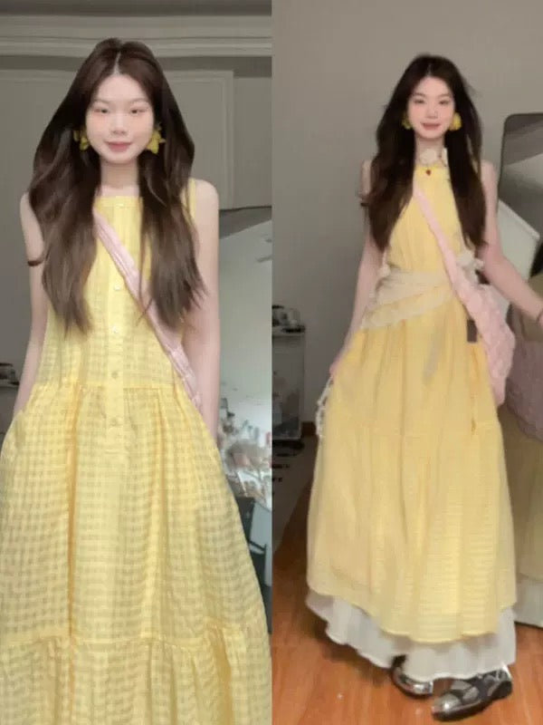 Summer's most beautiful, comfortable, and relaxed-fit sleeveless tank top dress in a dopamine yellow, perfect for petite women.