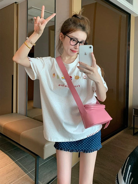 White color dot short-sleeved T-shirt female 2025 new summer loose casual design niche half-sleeved cotton top