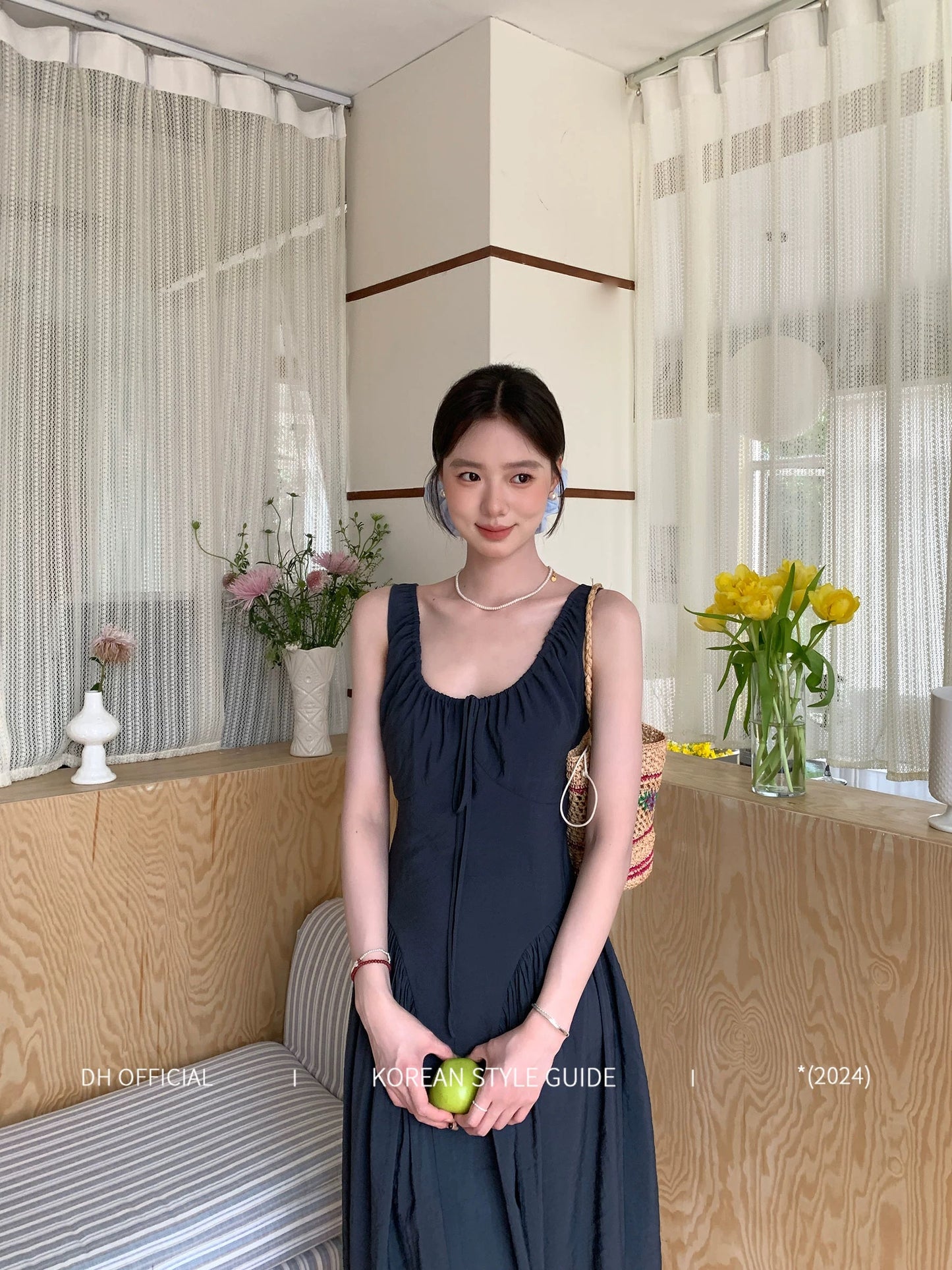 DH OFFICIAL Large Flower [Southern France Galli Leaf] Spring Korean Elegant U-Neck Women's Dress