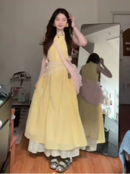 Summer's most beautiful, comfortable, and relaxed-fit sleeveless tank top dress in a dopamine yellow, perfect for petite women.