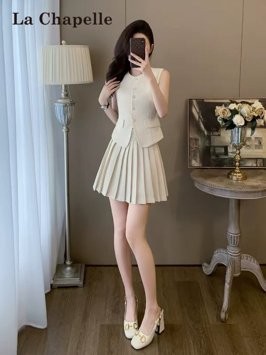 La Chapelle Women's Sophisticated & Chic "Quiet Luxury" Style Set: Sleeveless Top Paired with a Pleated Skirt (Two-Piece Summer Outfit)