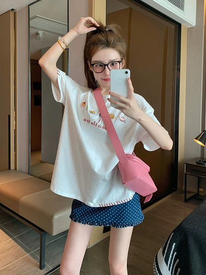 White color dot short-sleeved T-shirt female 2025 new summer loose casual design niche half-sleeved cotton top