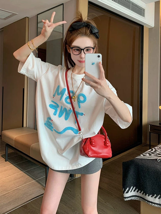 White Snake Year Pure Cotton Short Sleeve T-shirt Women 2025 New Spring Design Niche Loose Slimming T-shirt Top