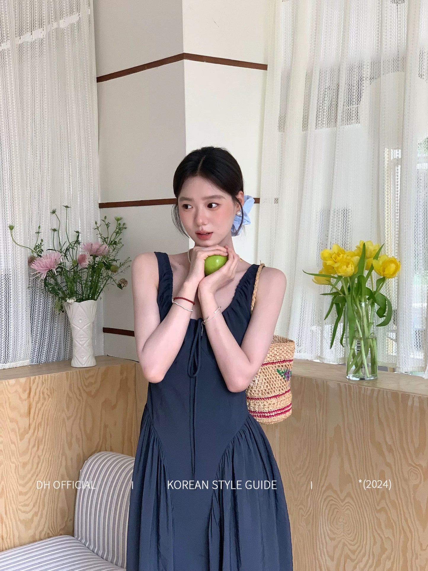 DH OFFICIAL Large Flower [Southern France Galli Leaf] Spring Korean Elegant U-Neck Women's Dress