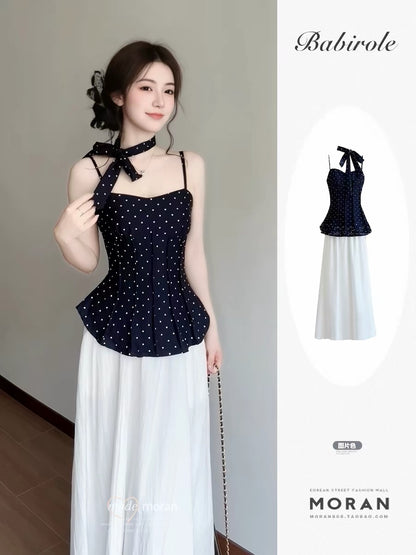 French retro polka dot camisole top, sleeveless vest, halter skirt two-piece set - a stunning summer outfit