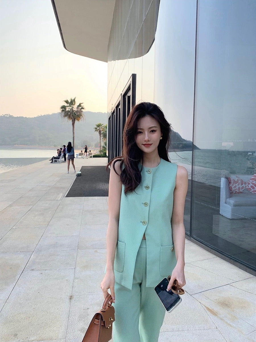 Syeee Xiaoxiang fashion suit women's early spring textured dark texture fabric sleeveless top casual trousers two-piece set