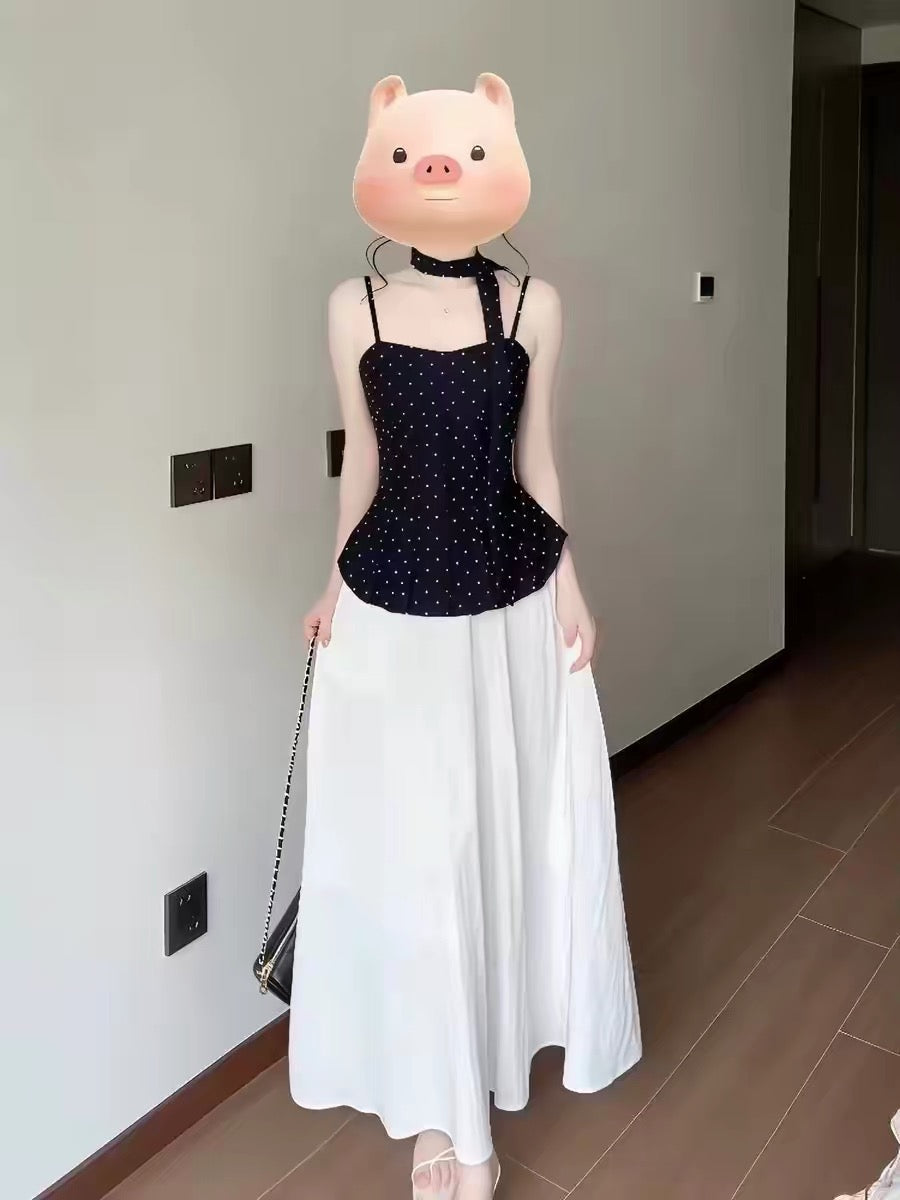 French retro polka dot camisole top, sleeveless vest, halter skirt two-piece set - a stunning summer outfit