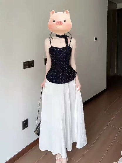 French retro polka dot camisole top, sleeveless vest, halter skirt two-piece set - a stunning summer outfit
