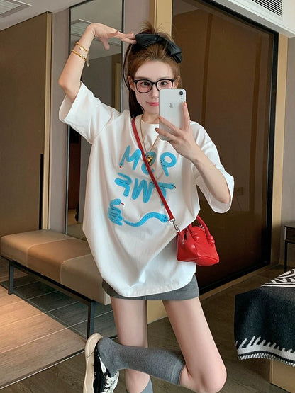White Snake Year Pure Cotton Short Sleeve T-shirt Women 2025 New Spring Design Niche Loose Slimming T-shirt Top