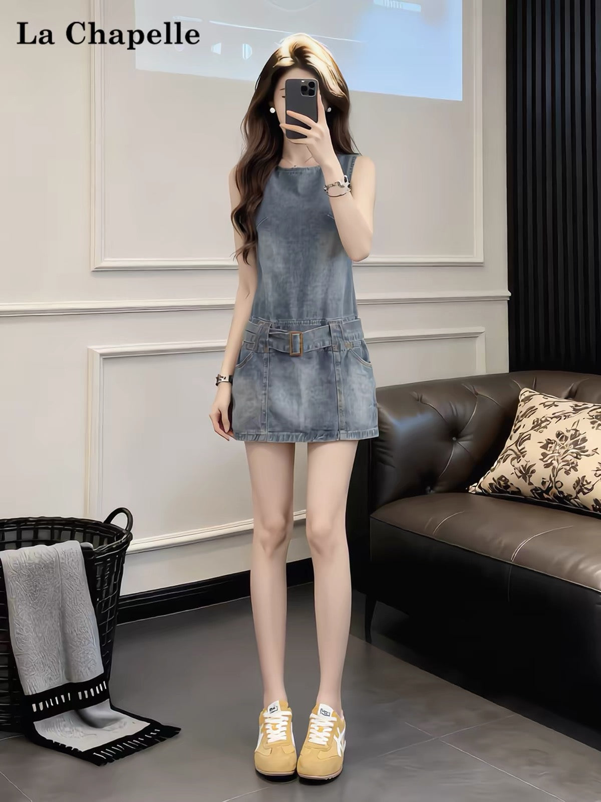 La Chapelle Sleeveless Washed Grey-Blue Denim Dress – Summer Round-Neck, Waist-Cinching Style (Petite-Friendly & Youthful Look)