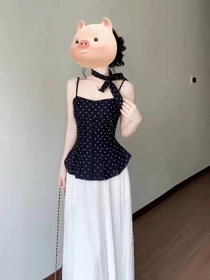 French retro polka dot camisole top, sleeveless vest, halter skirt two-piece set - a stunning summer outfit