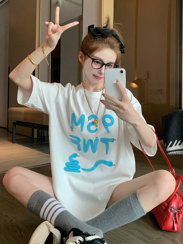 White Snake Year Pure Cotton Short Sleeve T-shirt Women 2025 New Spring Design Niche Loose Slimming T-shirt Top