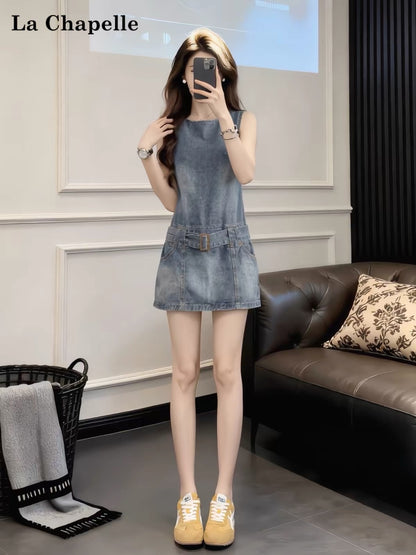 La Chapelle Sleeveless Washed Grey-Blue Denim Dress – Summer Round-Neck, Waist-Cinching Style (Petite-Friendly & Youthful Look)